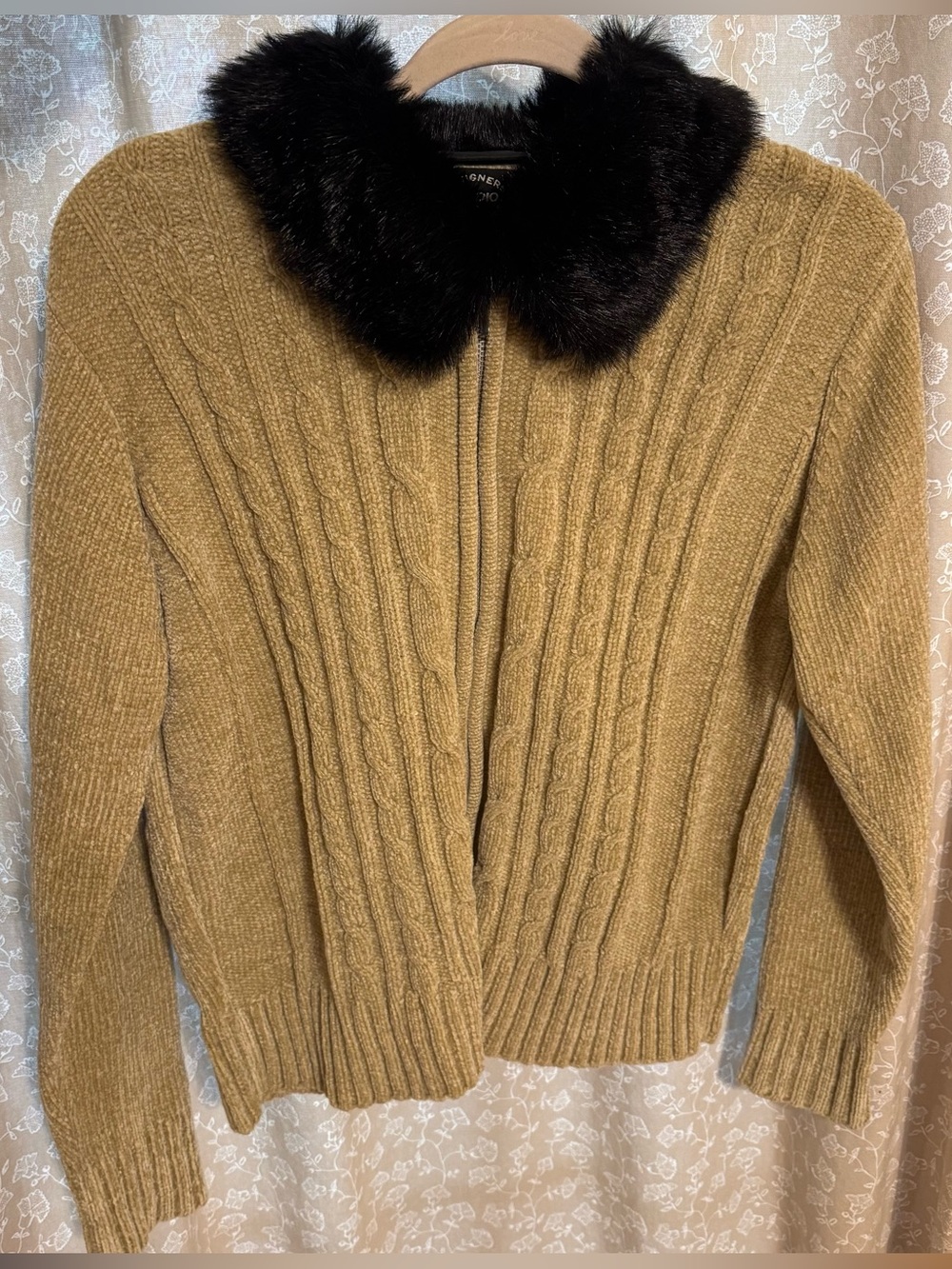 Vintage Designers Studio Faux Fur Collar Chenille Cable Knit Zip Sweater M